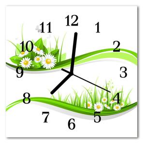 Ceas de perete din sticla pătrat Daisy Flori și plante verde, alb