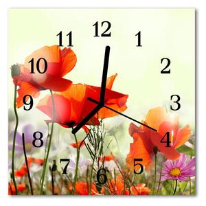 Ceas de perete din sticla pătrat Maci Flori & Plante Red
