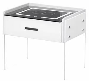 Noptiera inteligenta cu incarcare wireless, iluminare LED, 1 sertar de depozitare – alba, design modern din sticla si lemn