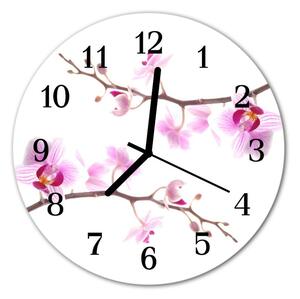 Ceas de perete din sticla rotund Orchid Flori și plante roz