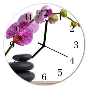 Ceas de perete din sticla rotund Orchid Flori și plante roz