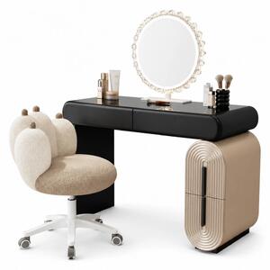 Set AURA LUXE WF606 – Masă de Toaletă pentru Machiaj, Oglindă iluminată LED, Control touch, Trei tipuri culoare, Scaun, 100 cm, Negru/Bej