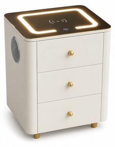 RESIGILAT- Noptieră inteligentă multifuncțională, 3 sertare, LED-uri tactile, 3 tipuri de culoare, încărcare fără fir, Difuzor Bluetooth, sticla securizata, Alb