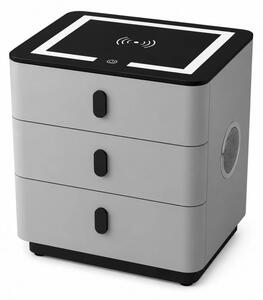RESIGILAT- Noptieră inteligentă multifuncțională, 3 sertare, LED-uri tactile, 3 tipuri de culoare, încărcare fără fir, Difuzor Bluetooth, incarcare USB, sticla securizata, Gri