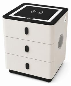 RESIGILAT- Noptieră inteligentă multifuncțională, 3 sertare, LED-uri tactile, 3 tipuri de culoare, încărcare fără fir, Difuzor Bluetooth, incarcare USB, sticla securizata, Alb