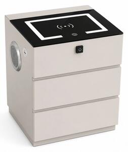 RESIGILAT- Noptieră inteligentă multifuncțională, 3 sertare, blocare cu amprentă, LED-uri tactile, 3 tipuri de culoare, încărcare fără fir, Difuzor Bluetooth, incarcare USB, sticla securizata, Alb