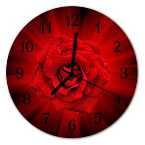 Ceas de perete din sticla rotund Rose Flori & Plante Red