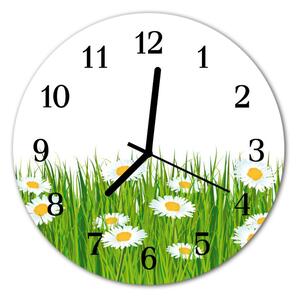 Ceas de perete din sticla rotund Daisy Flori și plante verde, alb