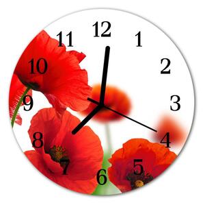 Ceas de perete din sticla rotund Maci Flori & Plante Red