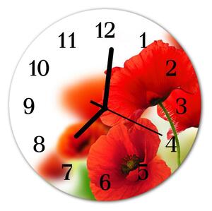 Ceas de perete din sticla rotund Maci Flori & Plante Red
