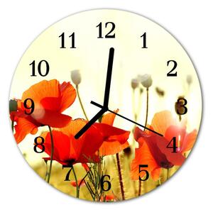 Ceas de perete din sticla rotund Maci Flori & Plante Red