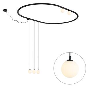 Sistem de iluminat pe șină oval modern negru cu 3 lămpi suspendate și 2 plafoniere albe monofazate - Iconic Perle