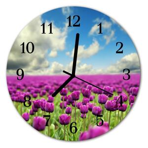 Ceas de perete din sticla rotund Lalele Plante Purple