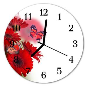 Ceas de perete din sticla rotund Gerbera flori roșii