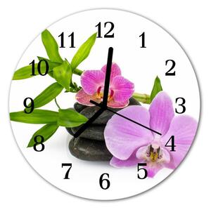Ceas de perete din sticla rotund Orhideea flori violet