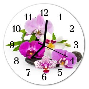 Ceas de perete din sticla rotund Orhideea flori violet