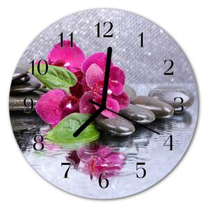 Ceas de perete din sticla rotund Orhideea flori roz