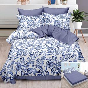 Lenjerie de pat, 2 persoane, finet, 6 piese, cu elastic, alb si gri, cu flori albastre, LEL148