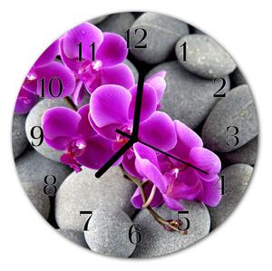 Ceas de perete din sticla rotund Orhidee Pietre Flori Pietre Purple