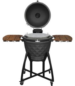 Grătar cu cărbuni Tenneker® Comet TC-4 ceramică Ø 54 cm negru incl. suport mobil, 2 mese laterale pliante din bambus, termometru în capac