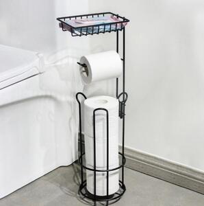 Suport hartie igienica, Quasar & Co.®, cu raft depozitare si raft servetele umede, patrat, 16 x 16 x 60 cm, metal, negru