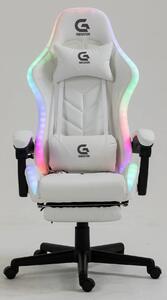 Scaun gaming, boxe bluetooth, sistem iluminare bandă LED RGB, masaj în perna lombară, suport picioare, Alb