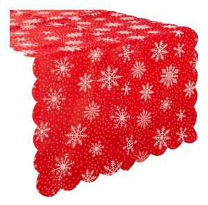 Napron decorativ pentru Craciun, rosie cu fulgi de zapada albi, 150 x 35 cm
