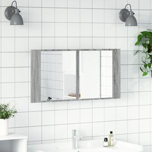 Dulap de baie cu oglindă și LED gri sonoma, 90x12x45 cm, acril