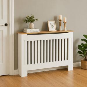 Mască calorifer ECO L 132 cm, MDF cu lamele verticale – Alb lucios / Stejar