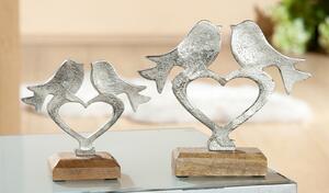 Decoratiune Couple of Bird on Heart, aluminiu lemn, argintiu maro, 14.5x13.5 cm