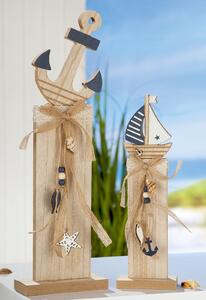 Set 2 decoratiuni Anchor Sailing boat, MDF, albastru maro, 13x42.5x6 cm