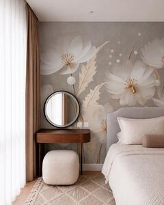 Tapet Flori mari, albe, cu frunze decorative pe un fundal gri, Fototapet Flori, w05857 : Uwalls.ro