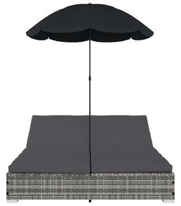 Pat șezlong de exterior cu umbrelă, gri, poliratan
