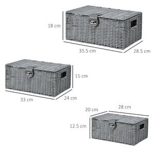 HOMCOM Set de 3 Coșuri de Depozitare din Răchită PP cu Capac, Containere Dreptunghiulare de Diferite Dimensiuni, Gri | Aosom Romania
