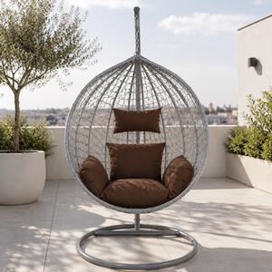 Fotoliu suspendat oval, perna si tetiera, structura otel, gri antracit/maro, 103x107x195 cm