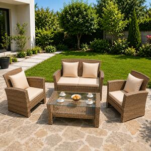 Set mobilier gradina Santorini, 4 piese, fotolii, canapea, masuta de cafea, poliratan bej