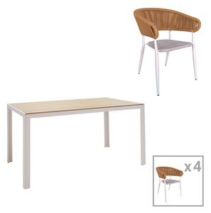 Set de 5 buc masa si scaune de gradina Nares-Raven aluminiu alb si placaj nuanta naturala 140x80x72.5 cm