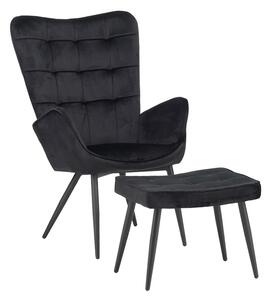 Fotoliu cu taburet Dorita catifea neagra picior metalic negru 68.5x76x103 cm