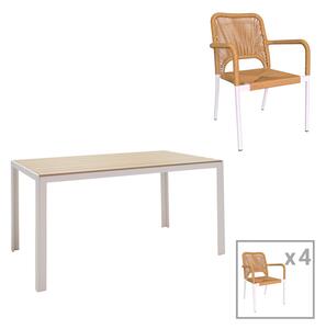 Set de 5 buc masa si scaune de gradina Nares-Norture aluminiu alb si placaj in nuanta naturala 140x80x72.5 cm