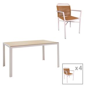 Set de 5 buc masa si scaune de gradina Nares-Clutch aluminiu alb si placaj in nuanta naturala 140x80x72.5 cm