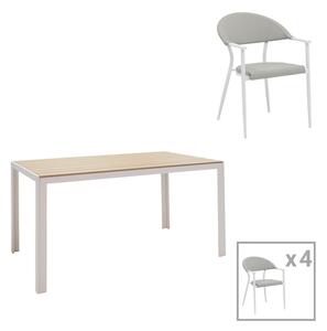 Set de 5 buc masa si scaune de gradina Nares-Pino A aluminiu alb si placaj in nuanta naturala 140x80x72.5 cm