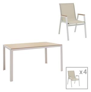 Set de 5 buc masa si scaune de gradina Nares-Azelie aluminiu alb si placaj in nuanta naturala 140x80x72.5 cm