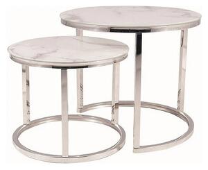 Set 2 masute cafea ATLANTA B II, alb cu efect de marmura/crom, sticla/