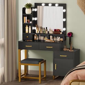 SEN252 - Set Masa toaleta 107 cm cosmetica machiaj, oglinda cu LED, masuta vanity cu scaun tapitat, Priza, USB, suport uscator - Negru - Auriu