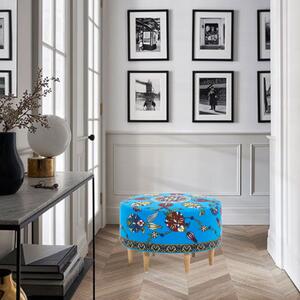 Taburet cu print vintage TROPEZ, Albastru, Velvet, 65x40 cm, Stil 60’ vintage, Living/Dormitor/Birou