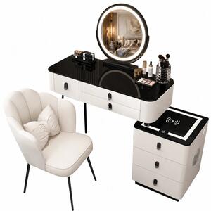 RESIGILAT- Set Margot Long, Masă de toaletă pentru machiaj cu oglindă iluminată LED, control touch, 6 sertare, comoda, scaun, Difuzor Bluetooth, zona încărcare fără fir, Alb, 100x40x75 cm