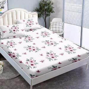 Husa de pat, 2 persoane, finet, 3 piese, cu elastic, alb cu floricele roz HPF260
