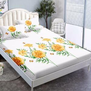 Husa de pat, 2 persoane, finet, 3 piese, cu elastic, alba cu flori galbene HPF263