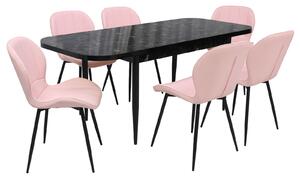 Set masă extensibilă Viena Negru cu 6 Scaune Piele Topaz Roz