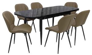 Set masă extensibilă Viena Negru cu 6 Scaune Piele Topaz Capucino